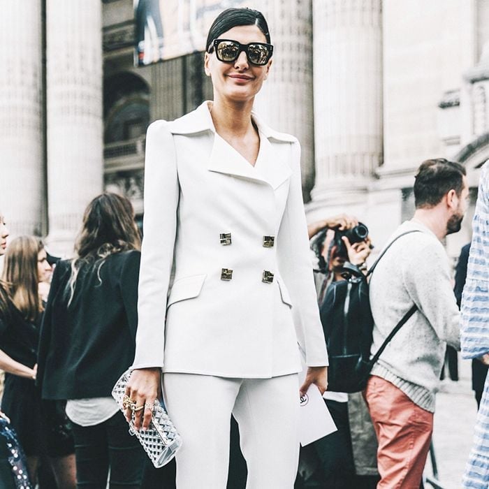 White Double-Breasted Blazer Suit With Gold Buttons White Double-Breasted Blazer Suit With Gold Buttons — Cocktail Attire Outfits 2027