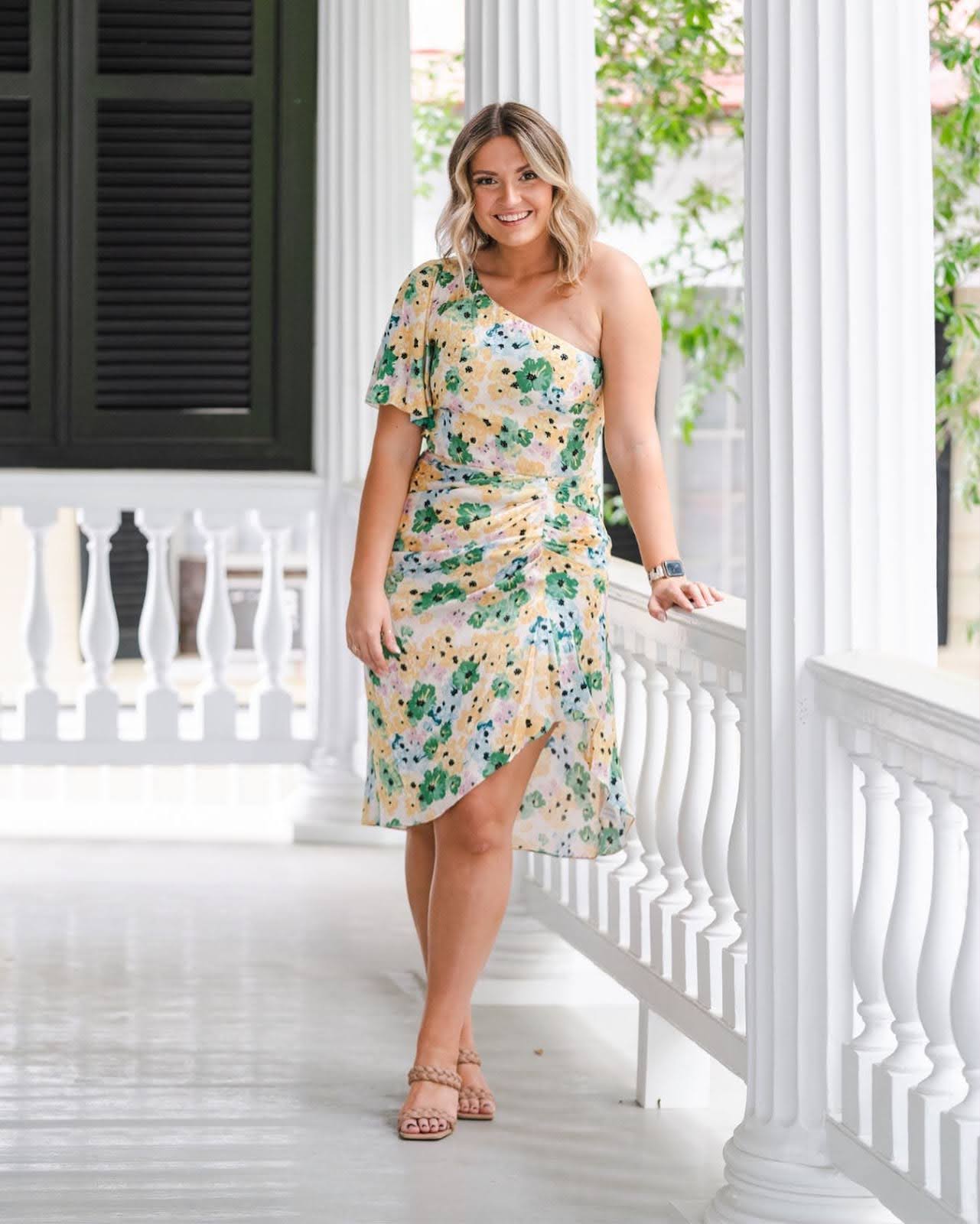 Floral Print One-Shoulder Ruched Dress, Strappy Flat Sandals Floral Print One-Shoulder Ruched Dress, Strappy Flat Sandals — Cocktail Attire Outfits 2027