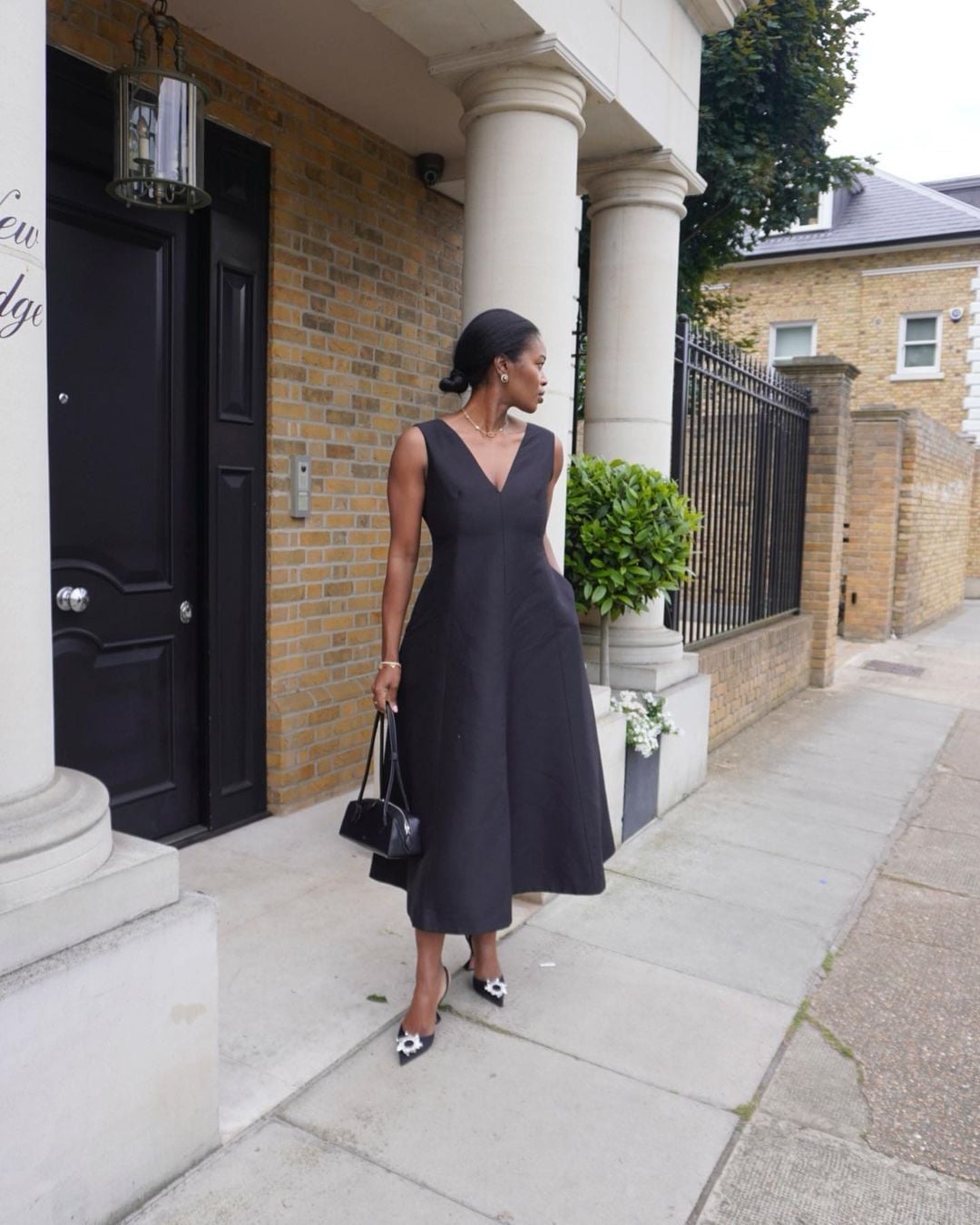 Black Sleeveless A-line Midi Dress With Patterned Heels Black Sleeveless A-line Midi Dress With Patterned Heels — Cocktail Attire Outfits 2027