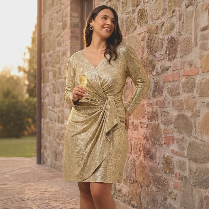 Gold Metallic Knit Wrap Mini Dress Gold Metallic Knit Wrap Mini Dress — Cocktail Attire Outfits 2027