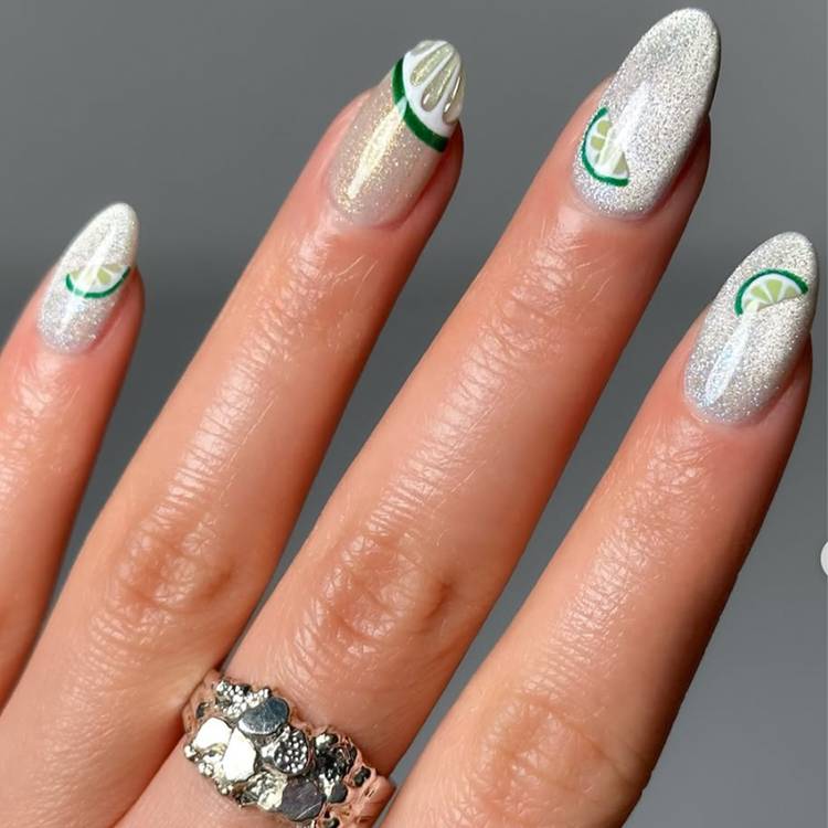 Silver Glitter Lime Slice Nails Silver Glitter Lime Slice Nails — Cocktail Party Nails 2027