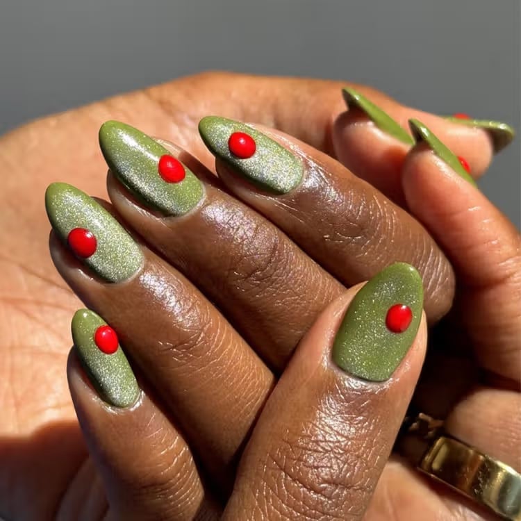 Olive Green Nails With Red Dot Accents Olive Green Nails With Red Dot Accents — Cocktail Party Nails 2027