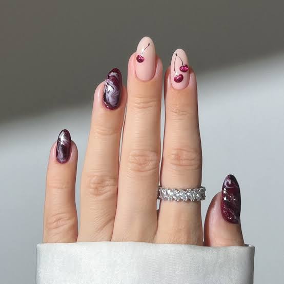 Pink Cherry And Marble Almond Nails Pink Cherry And Marble Almond Nails — Cocktail Party Nails 2027