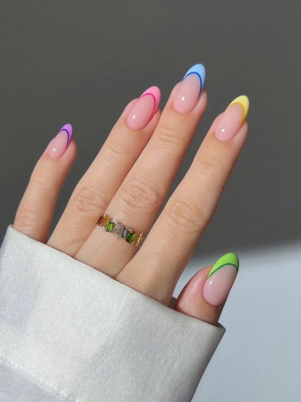 Pink Base With Multi-Colored French Tips Pink Base With Multi-Colored French Tips — Cocktail Party Nails 2027
