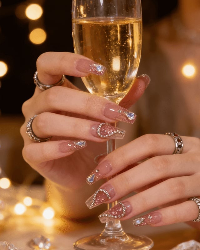 Long Ballerina Nails With Rhinestones Glitter Long Ballerina Nails With Rhinestones Glitter — Cocktail Party Nails 2027