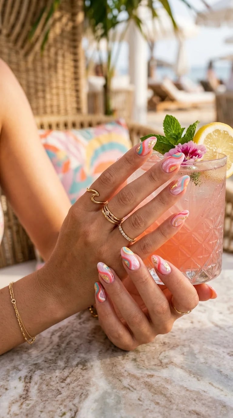 Almond Nails With Pink Blue Yellow Swirls Almond Nails With Pink Blue Yellow Swirls — Cocktail Party Nails 2027
