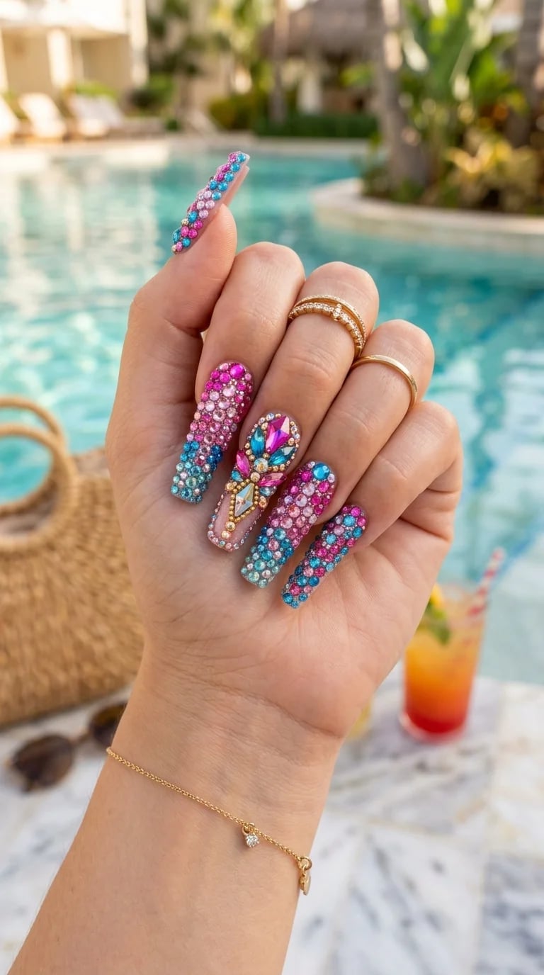 Long Coffin Nails With Pink Blue Rhinestones Long Coffin Nails With Pink Blue Rhinestones — Cocktail Party Nails 2027