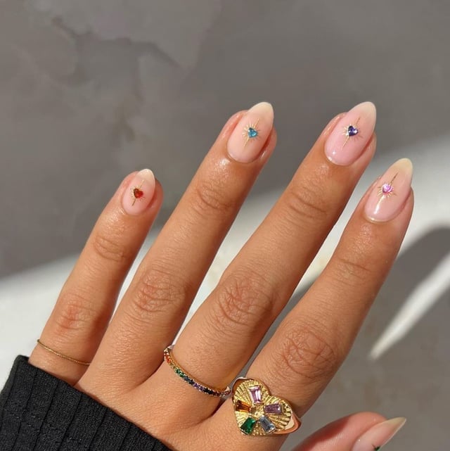 Sheer Pink Nails With Heart Gems Sheer Pink Nails With Heart Gems — Cocktail Party Nails 2027