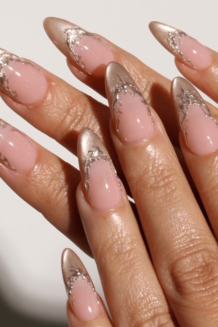 Pink Sharp Nails With Silver Glitter Tips Pink Sharp Nails With Silver Glitter Tips — Cocktail Party Nails 2027