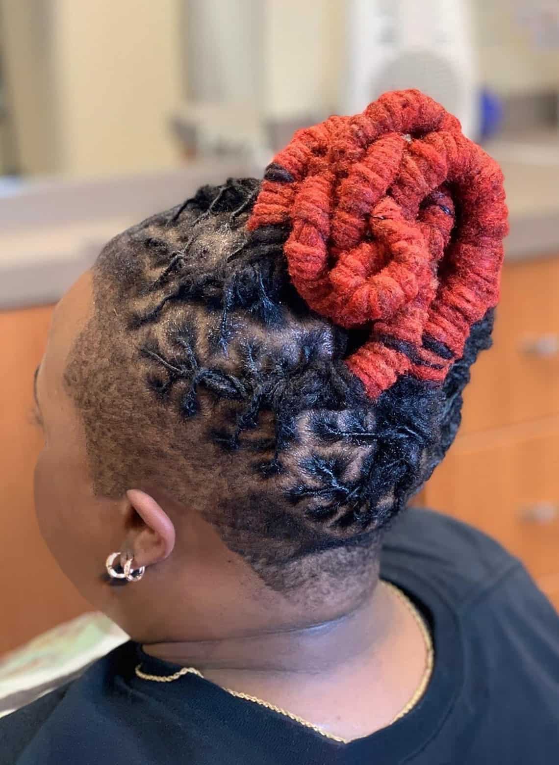Locs Updo With Red And Black Contrast Locs Updo With Red And Black Contrast — Colored Locs 2027