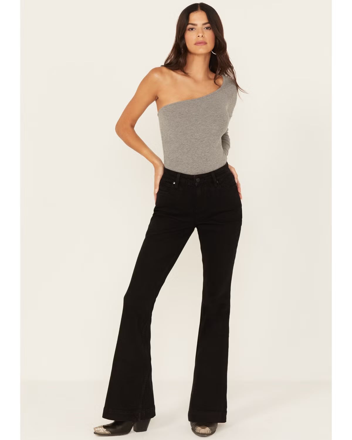 Black wide-leg jeans with a gray one-shoulder top — Concert Bootcut Jeans Outfits 2027