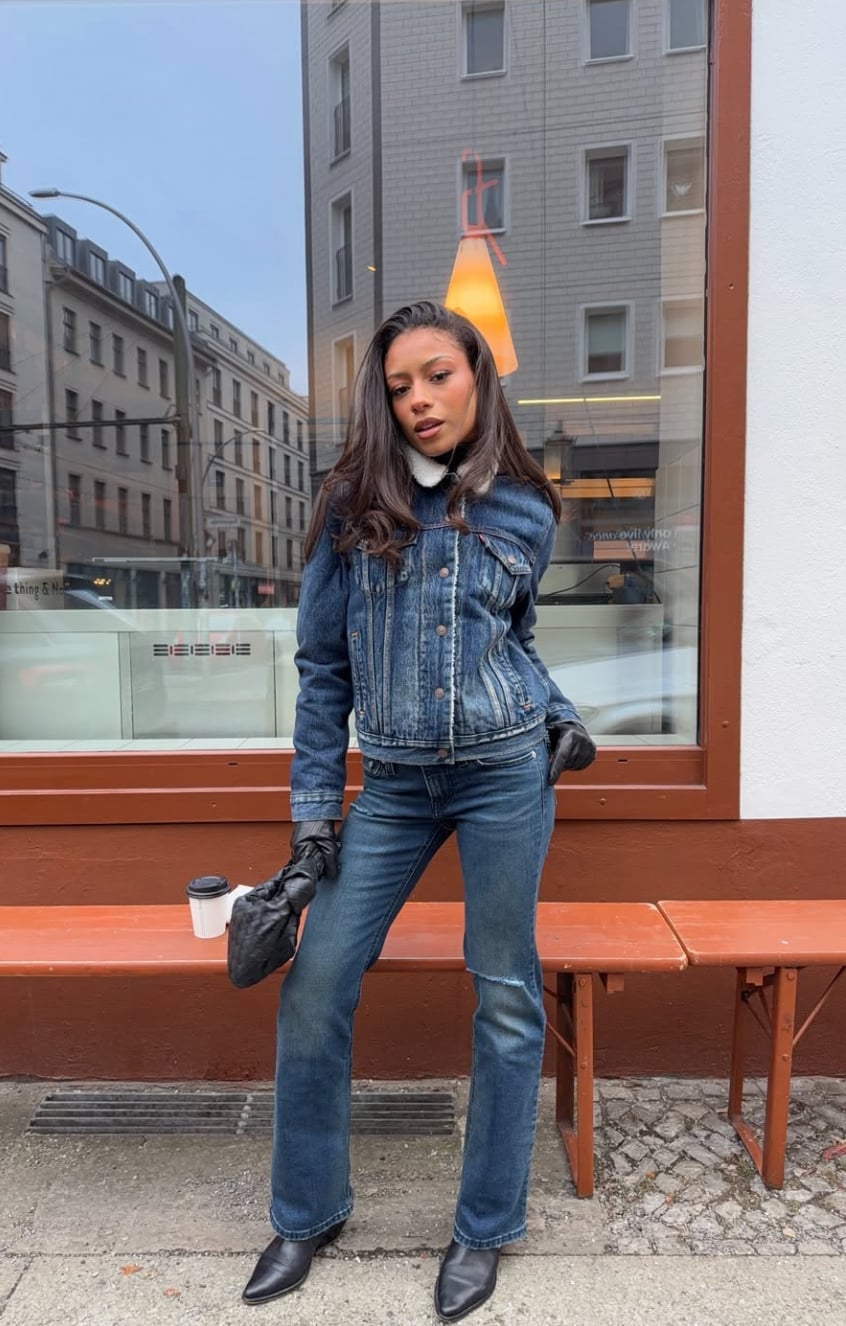 Fitted dark wash bootcut jeans with sherpa collar jacket — Concert Bootcut Jeans Outfits 2027