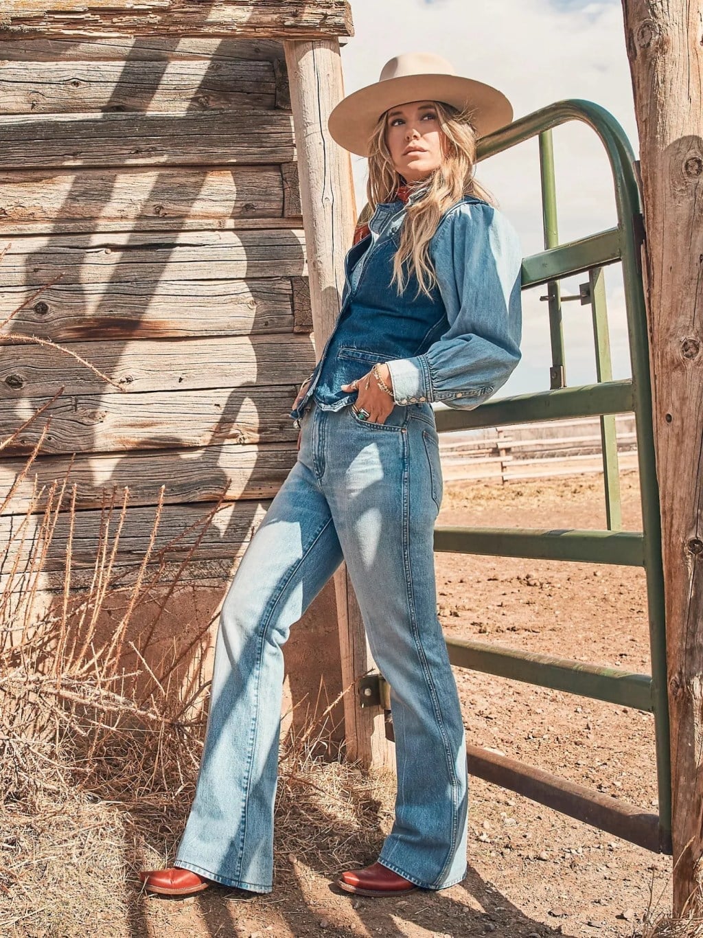 Light wash bootcut jeans with a denim vest and bandana — Concert Bootcut Jeans Outfits 2027
