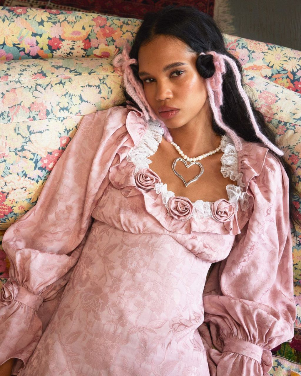 Pale pink jacquard dress with rose embellishments — Coquette Spring Outfits 2027