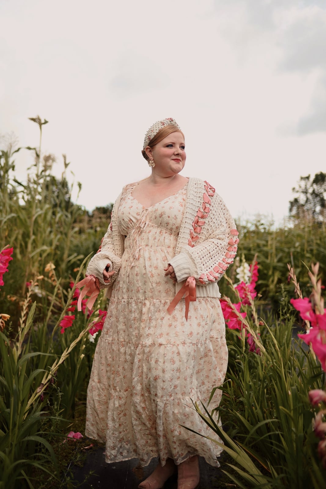 Floral midi dress with cream crocheted cardigan — Coquette Spring Outfits 2027