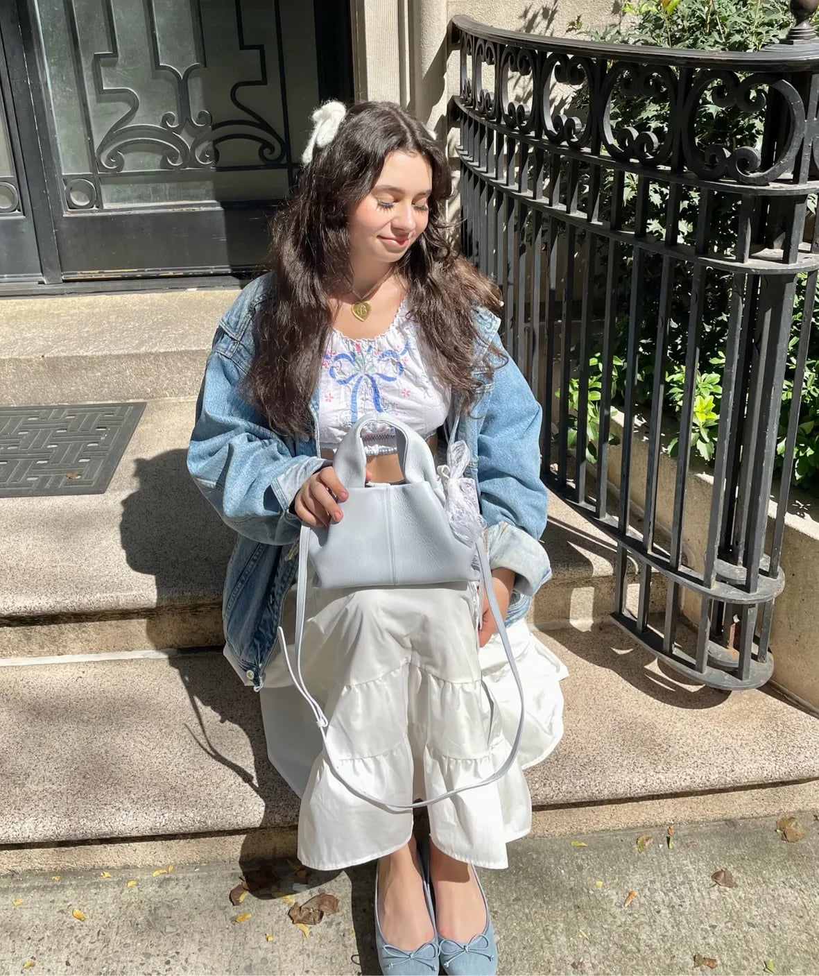 White tiered dress with denim jacket — Coquette Spring Outfits 2027