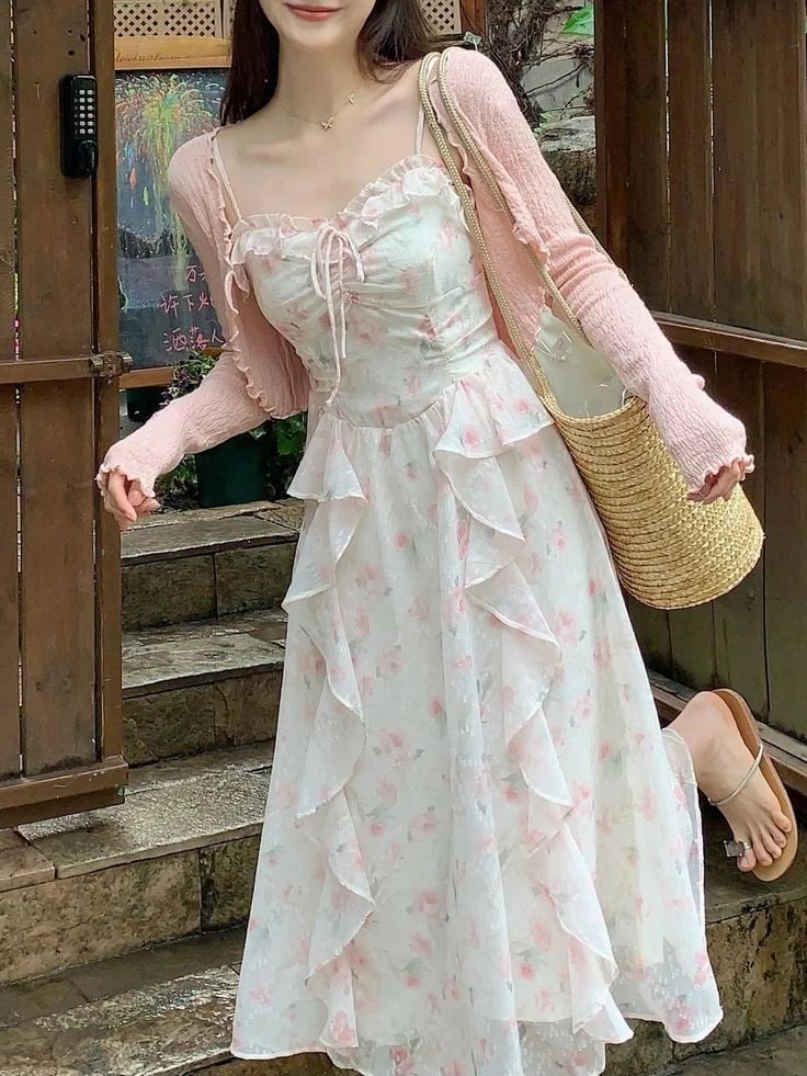 White floral dress with pink knit cardigan — Coquette Spring Outfits 2027