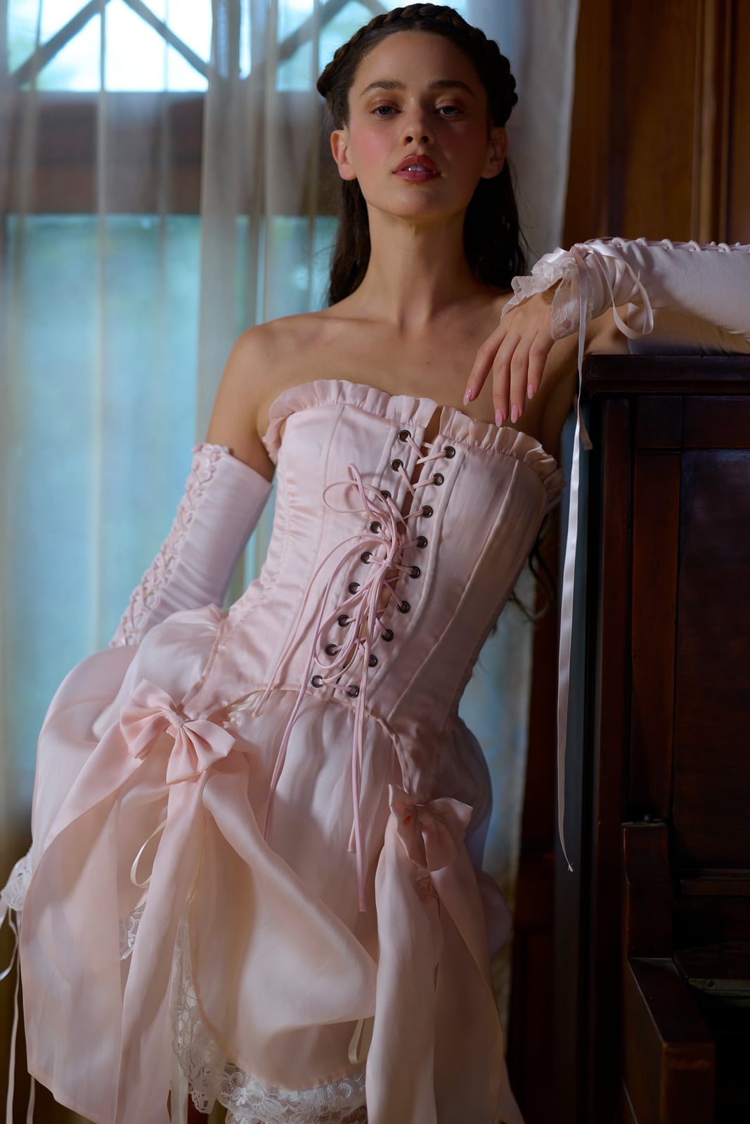 Pale pink satin corset with sheer ruffled skirt — Coquette Spring Outfits 2027