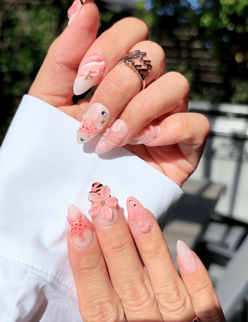 Sheer Nude Marble Floral Starfish Stiletto Nails Sheer Nude Marble Floral Starfish Stiletto Nails — Coral Stiletto Nails 2027