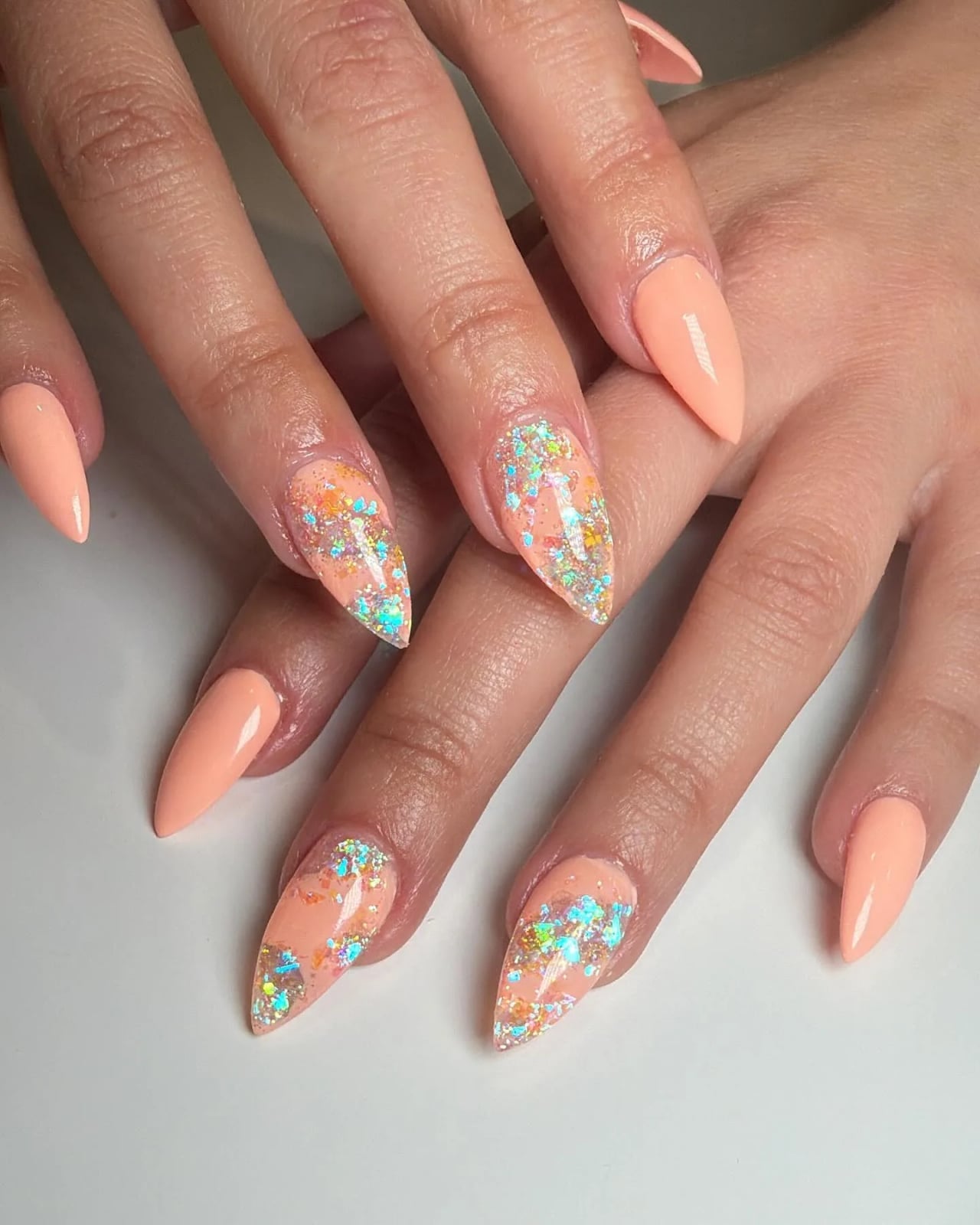 Soft Peach Glitter Accent Stiletto Nails Soft Peach Glitter Accent Stiletto Nails — Coral Stiletto Nails 2027