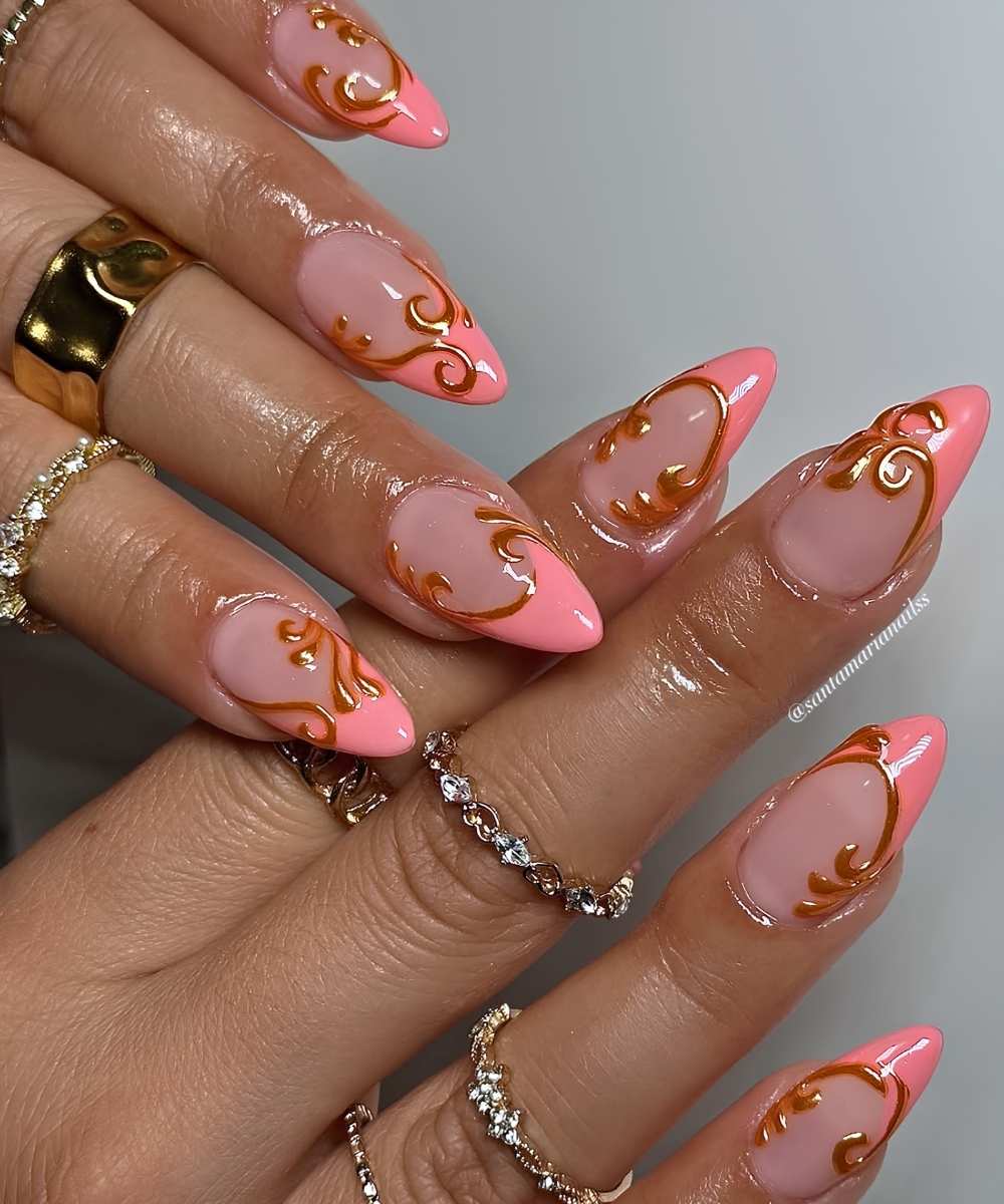 Clear Base Gold Scrollwork French Stiletto Nails Clear Base Gold Scrollwork French Stiletto Nails — Coral Stiletto Nails 2027