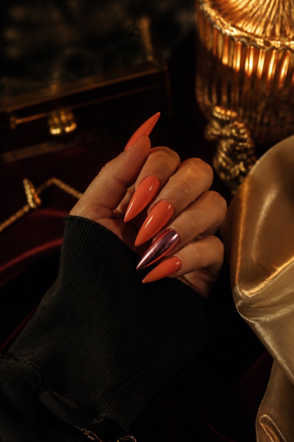 Deep Coral Mirror Chrome Stiletto Nails Deep Coral Mirror Chrome Stiletto Nails — Coral Stiletto Nails 2027