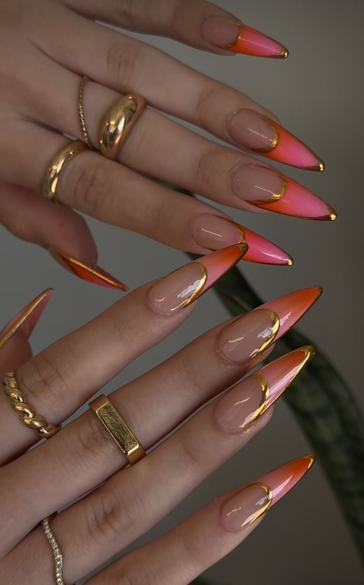 Sheer Nude Gold Foil French Stiletto Nails Sheer Nude Gold Foil French Stiletto Nails — Coral Stiletto Nails 2027