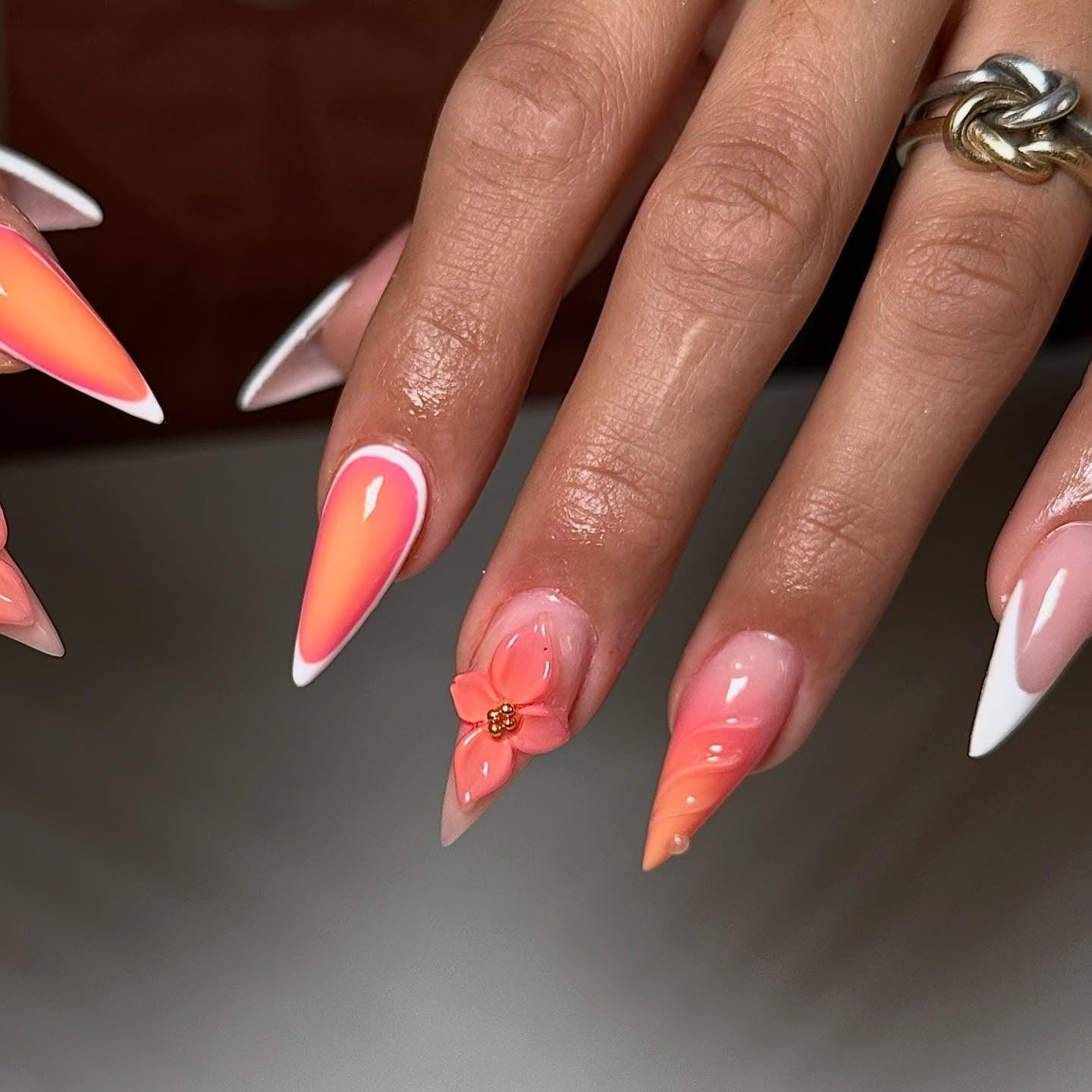 Sheer Nude Floral Accent Stiletto Nails Sheer Nude Floral Accent Stiletto Nails — Coral Stiletto Nails 2027