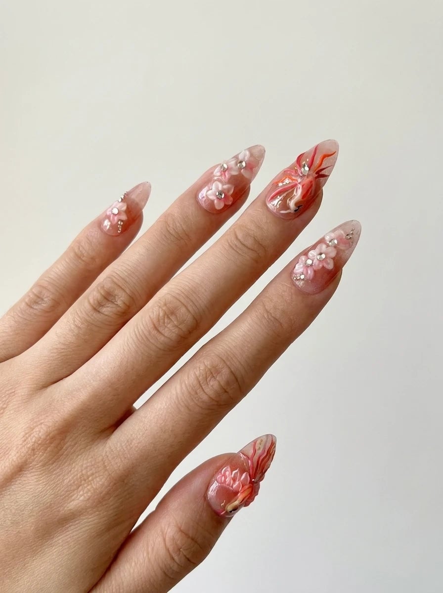 Sheer Coral Pink 3D Floral Stiletto Nails Sheer Coral Pink 3D Floral Stiletto Nails — Coral Stiletto Nails 2027
