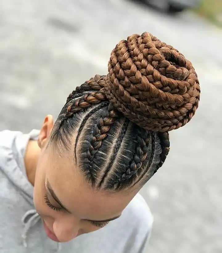 Thick Brown Braided Bun With Cornrows — Cornrow Bun 2027