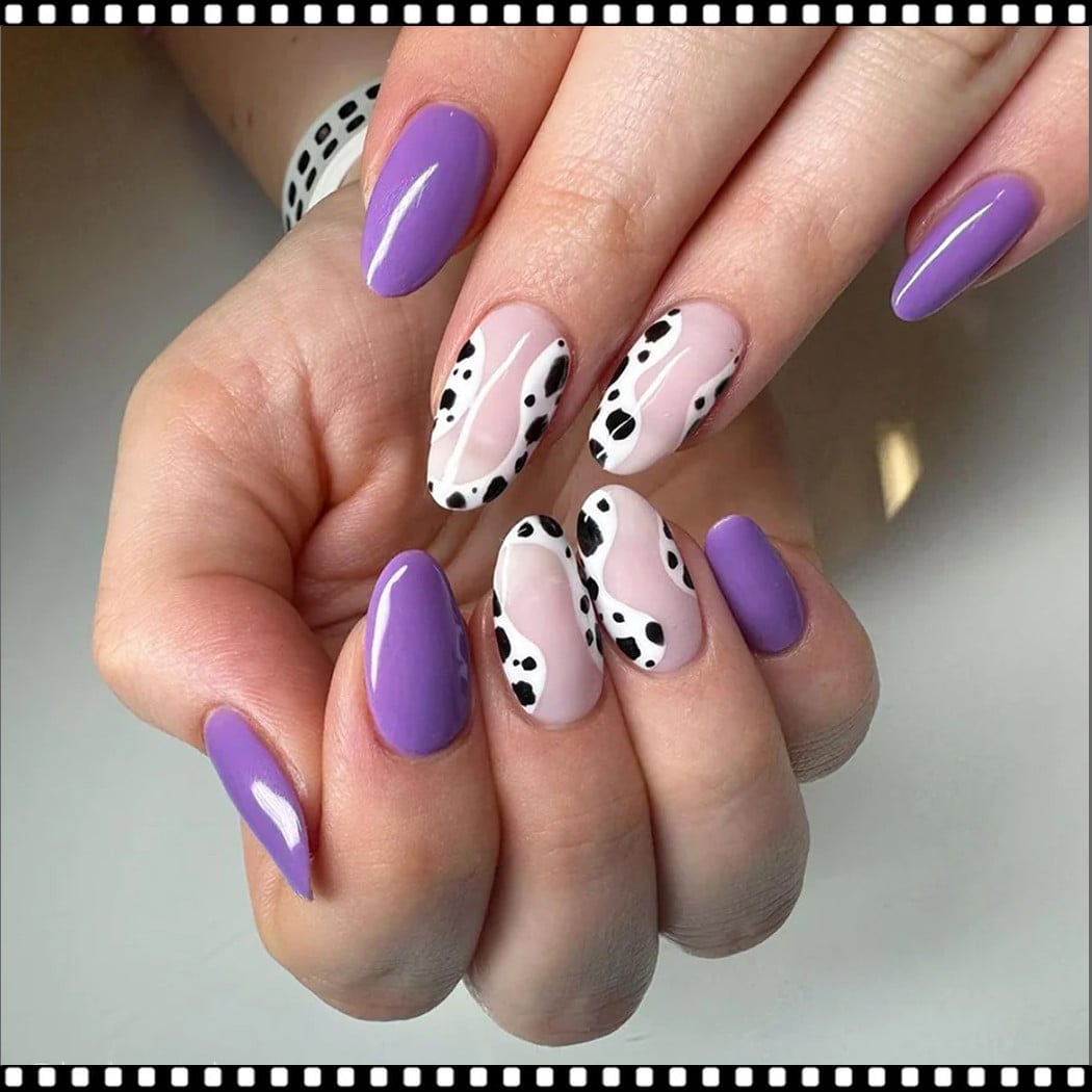 Purple Pink Cow Print Accent Medium Almond Nails Purple Pink Cow Print Accent Medium Almond Nails — Cow Print Airbrush Nails 2027