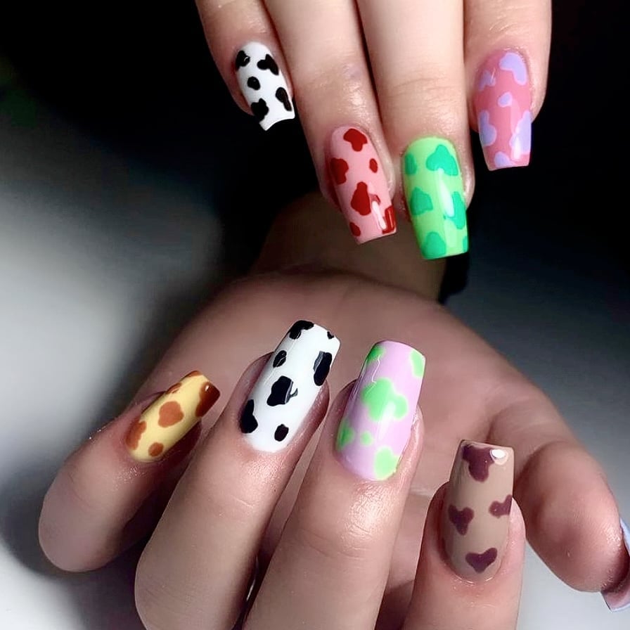 Multi-Color Cow Print Matte Medium Square Nails Multi-Color Cow Print Matte Medium Square Nails — Cow Print Airbrush Nails 2027