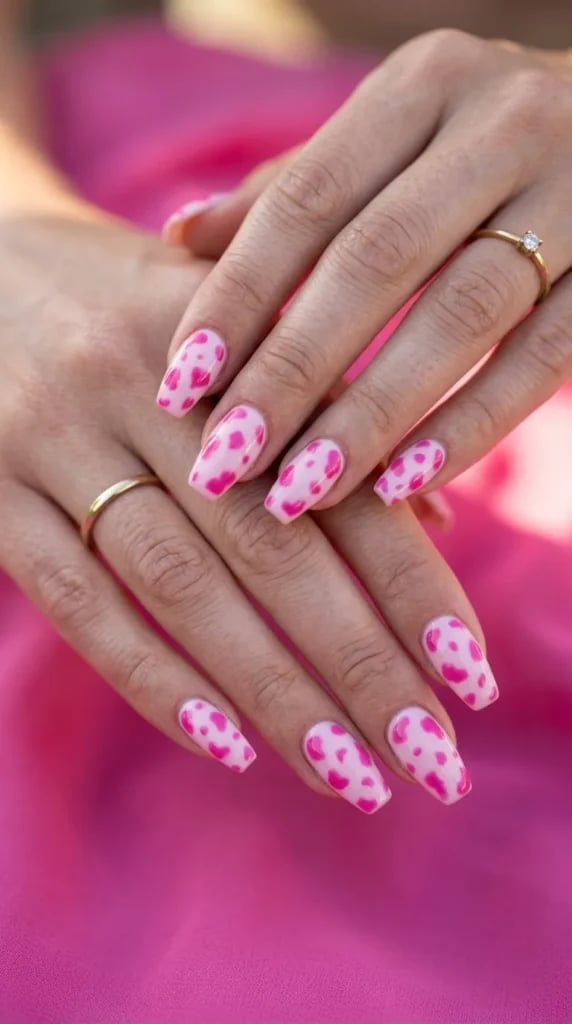Hot Pink White Heart Print Short Coffin Nails Hot Pink White Heart Print Short Coffin Nails — Cow Print Airbrush Nails 2027