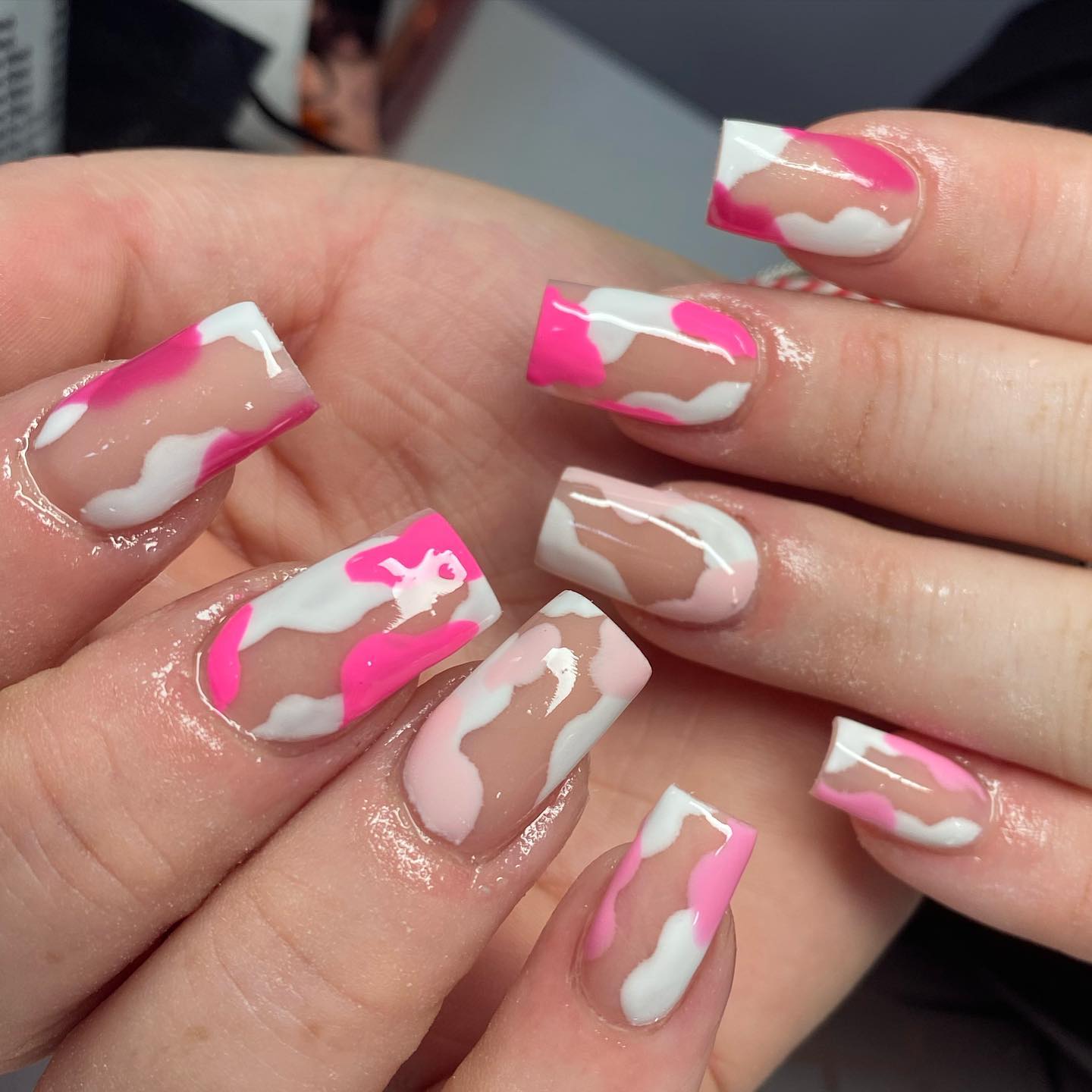 Pink White Cow Print Short Square Nails Pink White Cow Print Short Square Nails — Cow Print Airbrush Nails 2027