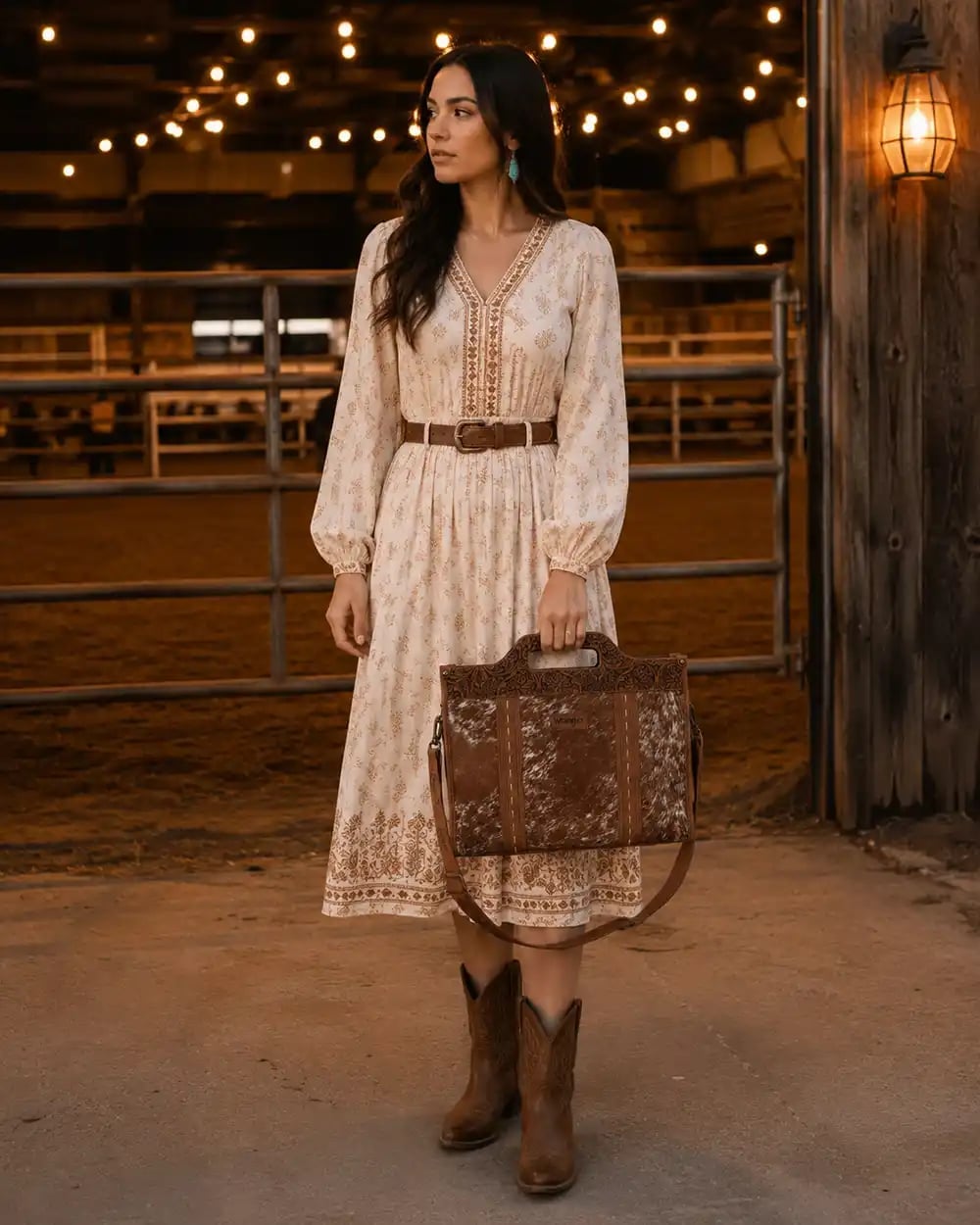 Brown cowboy boots with a printed midi dress and belt Brown cowboy boots with a printed midi dress and belt — Cowboy Boots Outfits 2027 with Sundress