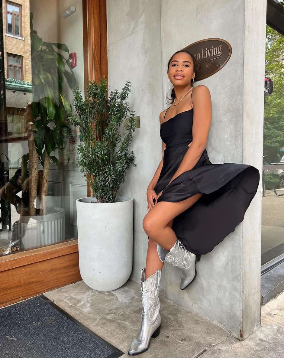 Silver cowboy boots with a black satin slip dress Silver cowboy boots with a black satin slip dress — Cowboy Boots Outfits 2027 with Sundress