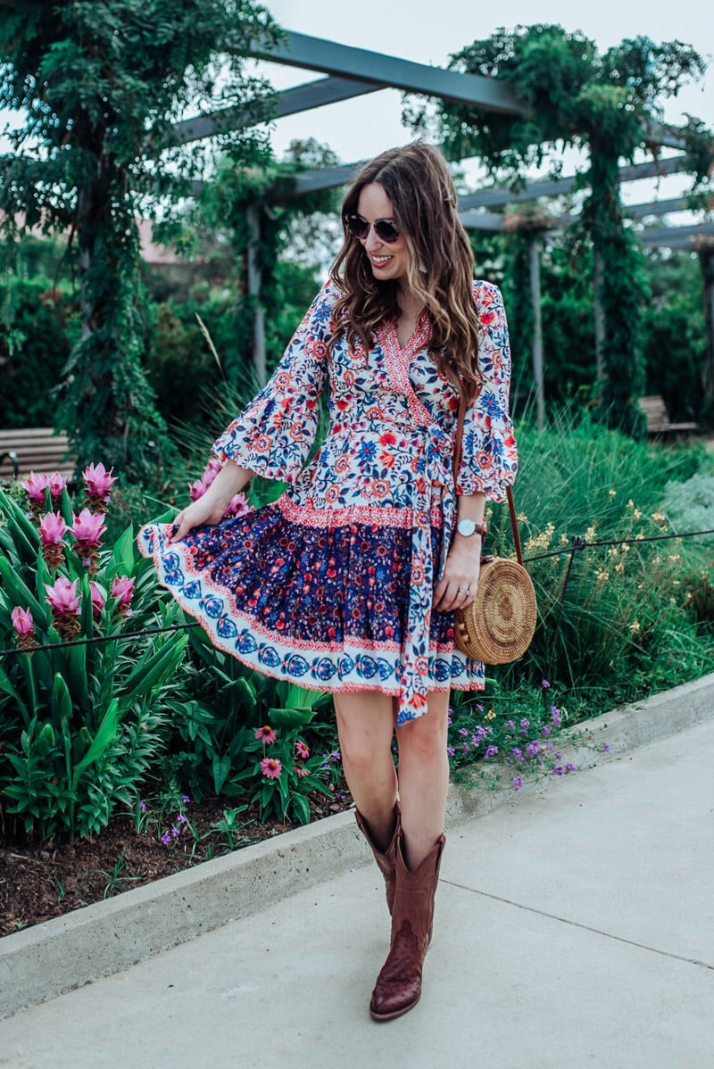 Brown cowboy boots with a multi-color floral print mini dress Brown cowboy boots with a multi-color floral print mini dress — Cowboy Boots Outfits 2027 with Sundress