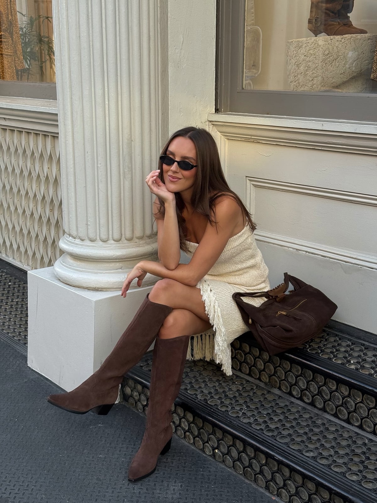 Brown suede cowboy boots with a cream fringe mini dress Brown suede cowboy boots with a cream fringe mini dress — Cowboy Boots Outfits 2027 with Sundress