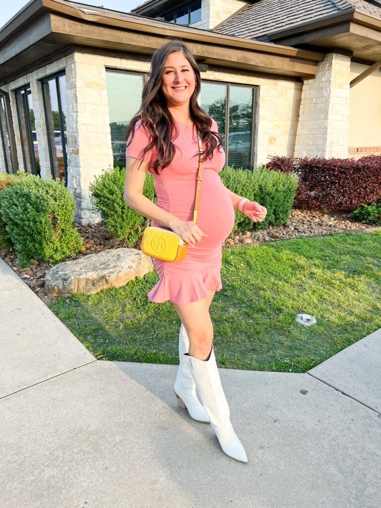 White cowboy boots with a pink ruched mini dress and yellow bag White cowboy boots with a pink ruched mini dress and yellow bag — Cowboy Boots Outfits 2027 with Sundress