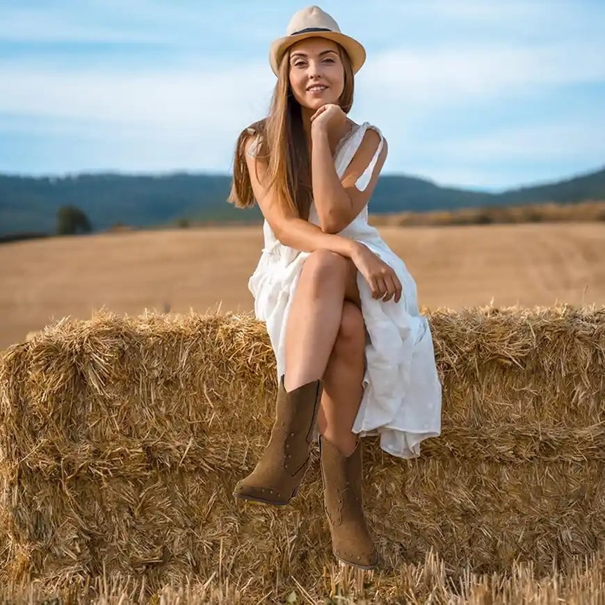 Brown suede cowboy boots with a white tiered sundress Brown suede cowboy boots with a white tiered sundress — Cowboy Boots Outfits 2027 with Sundress