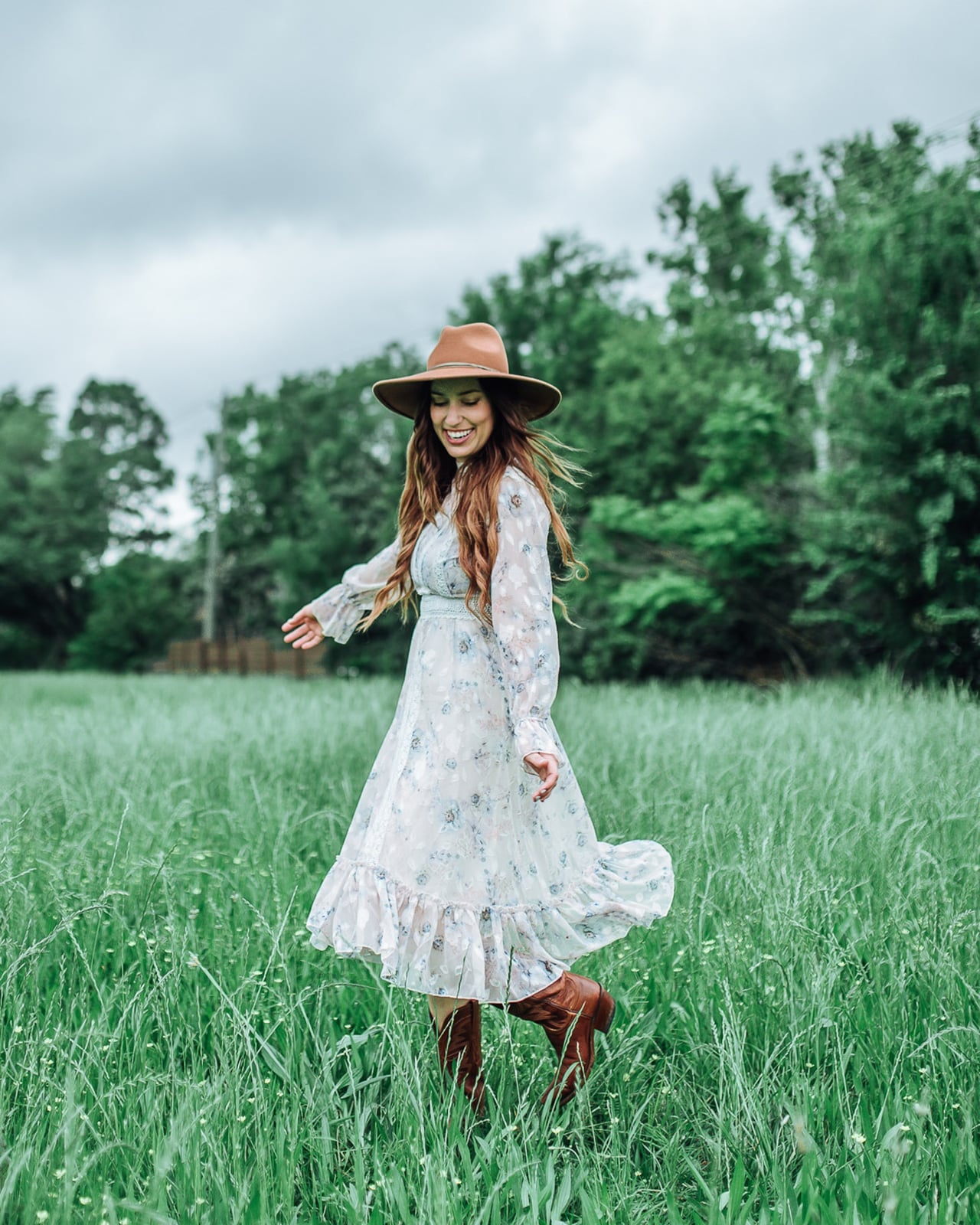 Brown cowboy boots with a light floral maxi dress and fedora Brown cowboy boots with a light floral maxi dress and fedora — Cowboy Boots Outfits 2027 with Sundress