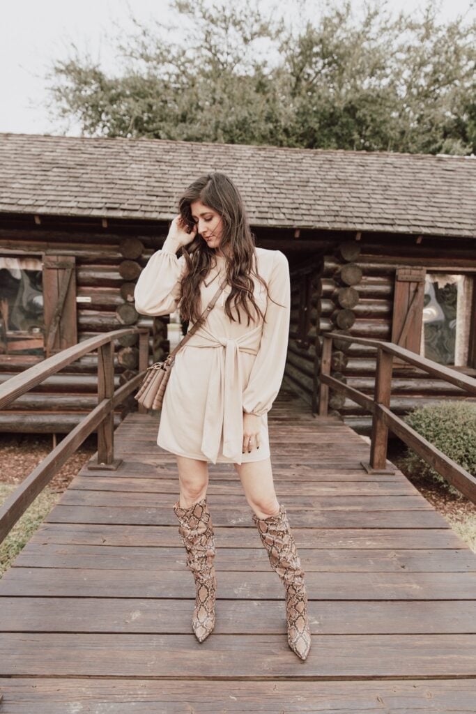 Snakeskin cowboy boots with a beige wrap mini dress Snakeskin cowboy boots with a beige wrap mini dress — Cowboy Boots Outfits 2027 with Sundress