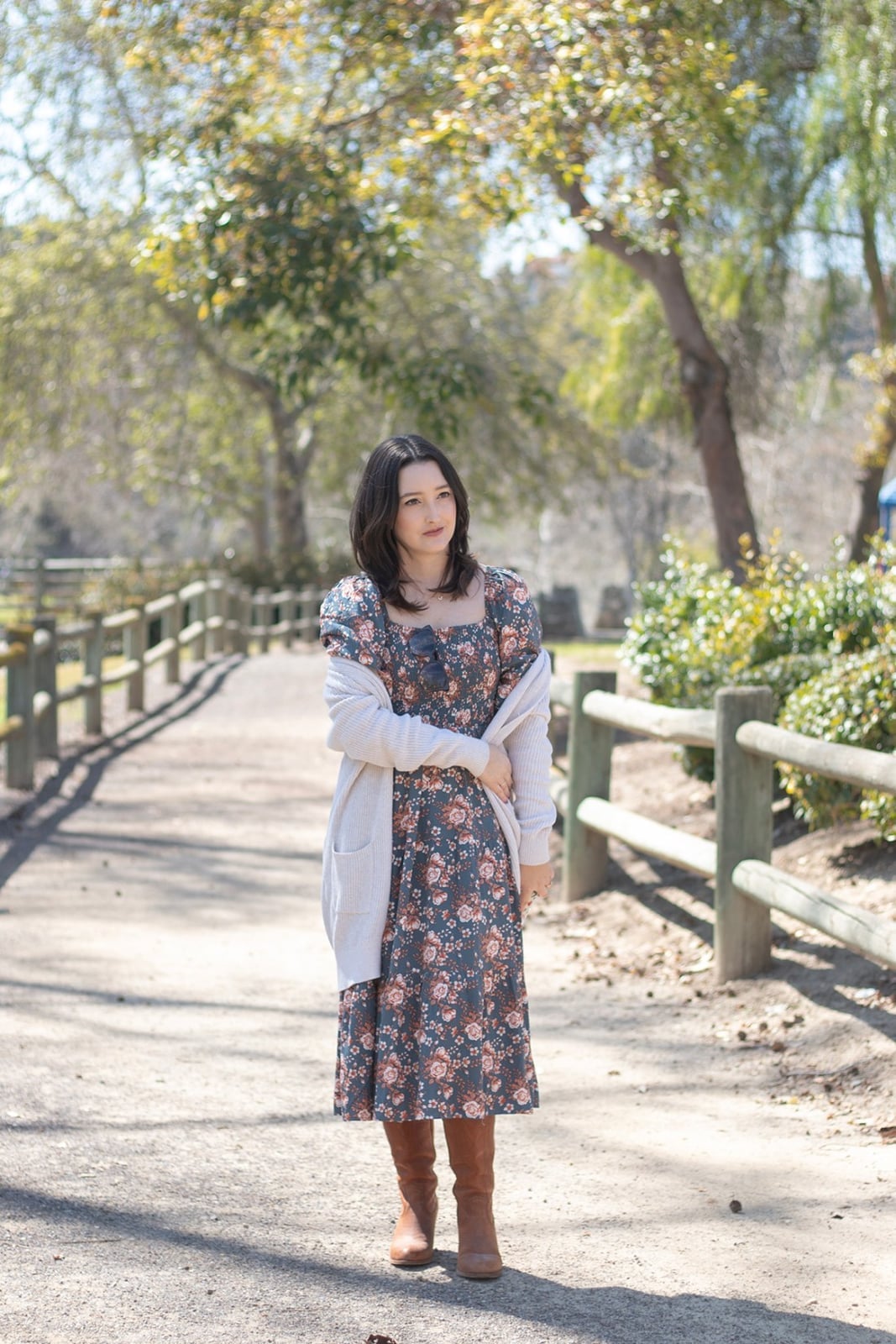 Brown cowboy boots with a floral midi sundress and gray cardigan Brown cowboy boots with a floral midi sundress and gray cardigan — Cowboy Boots Outfits 2027 with Sundress