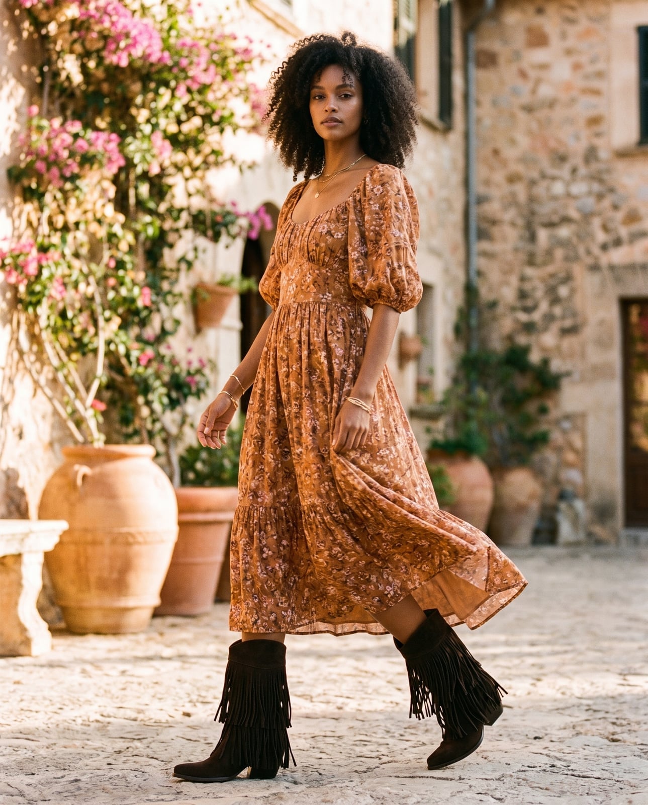 Fringed dark brown cowboy boots with a floral midi sundress Fringed dark brown cowboy boots with a floral midi sundress — Cowboy Boots Outfits 2027 with Sundress