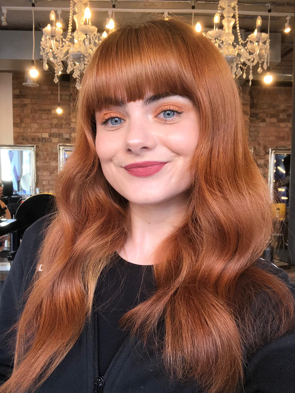 Collarbone Wavy Blowout Vivid Copper With Full Bangs Collarbone Wavy Blowout Vivid Copper With Full Bangs — Cowboy Copper Hair 2027