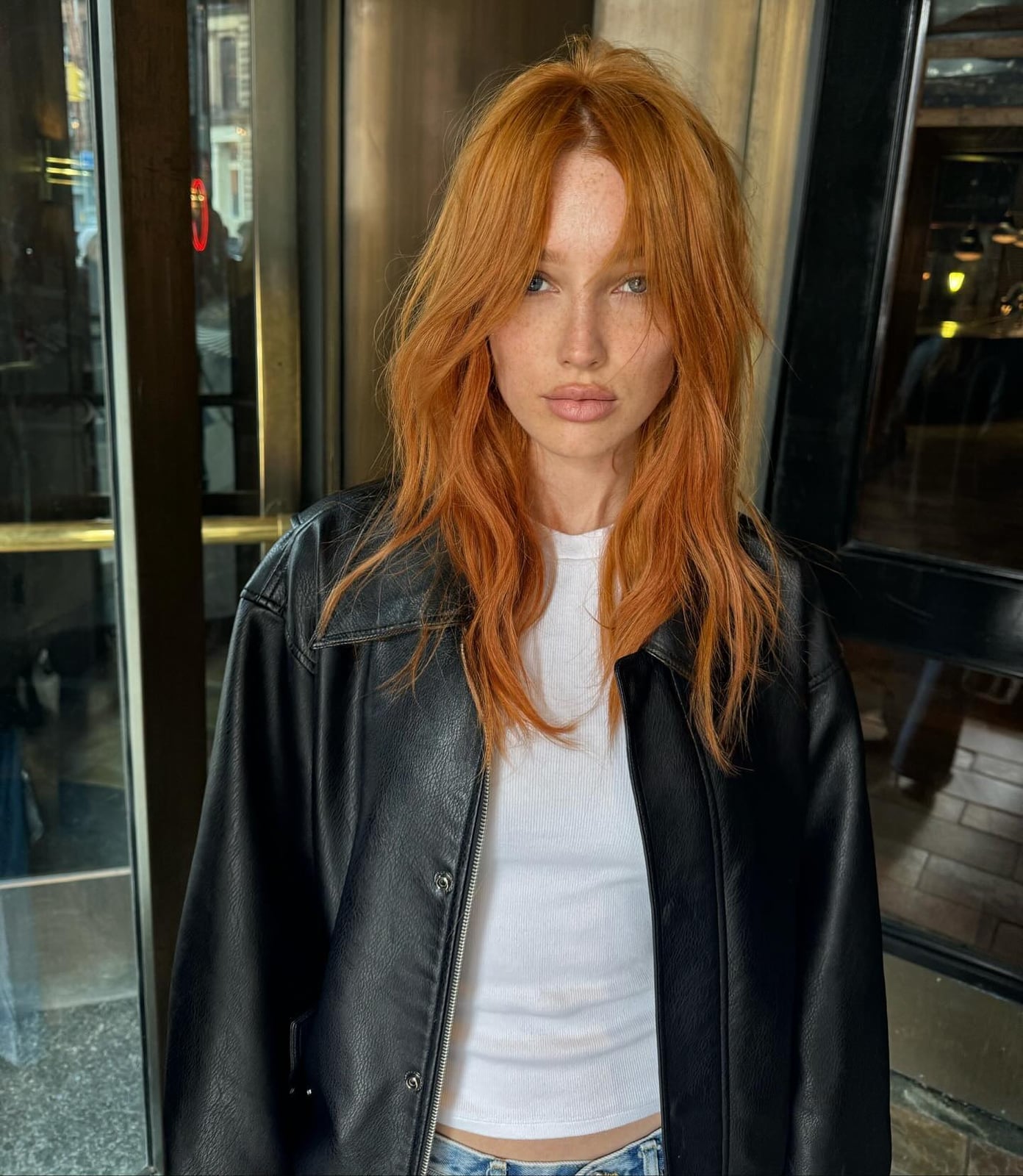 Collarbone Air Dried Vivid Copper With Curtain Bangs Collarbone Air Dried Vivid Copper With Curtain Bangs — Cowboy Copper Hair 2027