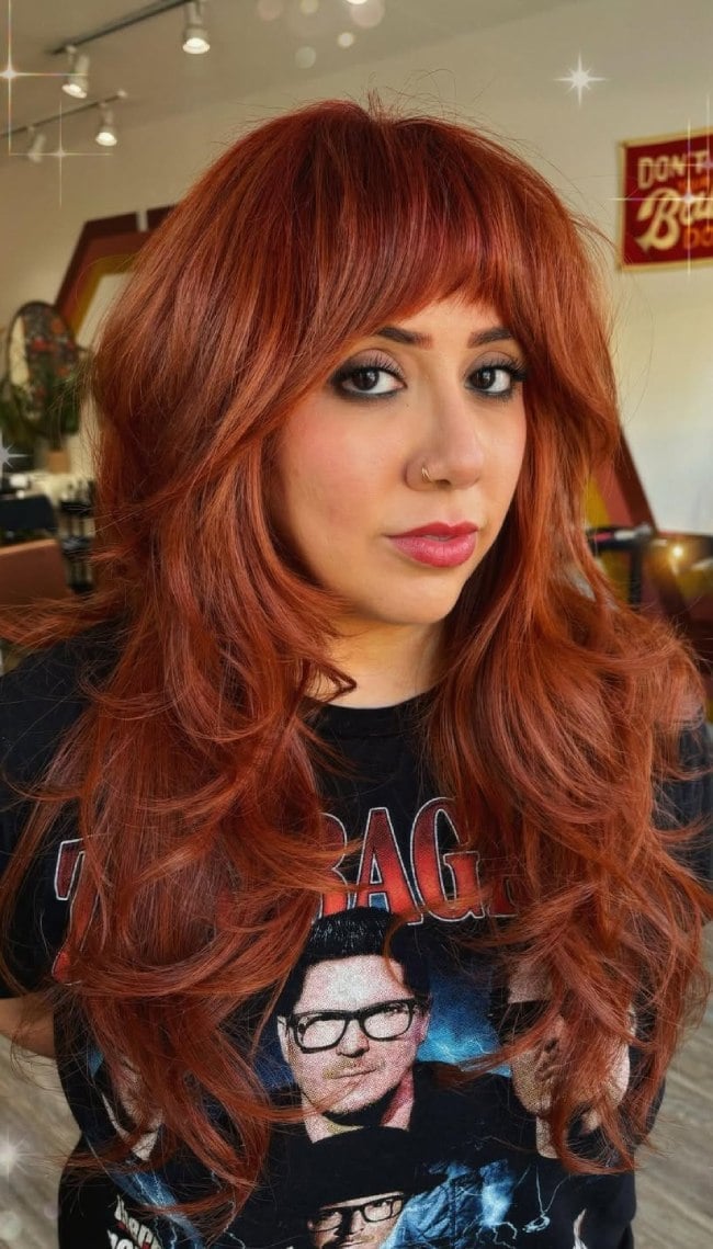 Mid-Back Wolf Cut Vivid Cowboy Copper With Full Bangs Mid-Back Wolf Cut Vivid Cowboy Copper With Full Bangs — Cowboy Copper Hair 2027