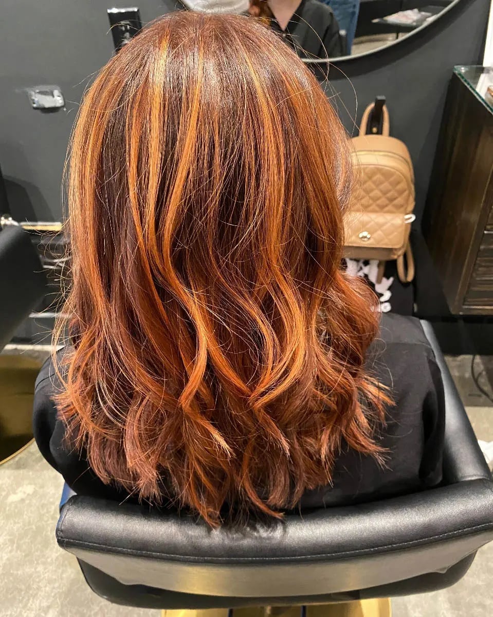 Back View Collarbone Lob Cowboy Copper With Bright Highlights Back View Collarbone Lob Cowboy Copper With Bright Highlights — Cowboy Copper Hair 2027