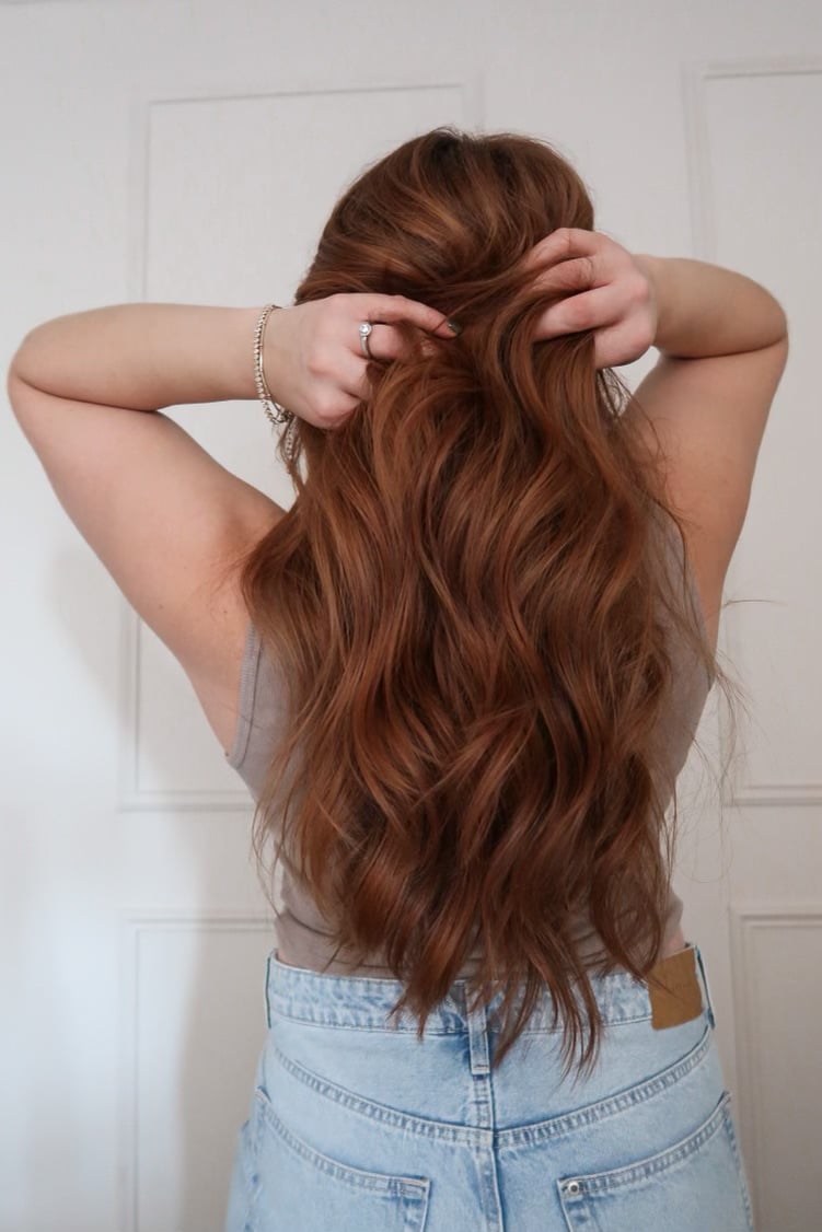 Back View Mid-Back Wavy Style Cowboy Copper With Subtle Dimension Back View Mid-Back Wavy Style Cowboy Copper With Subtle Dimension — Cowboy Copper Hair 2027