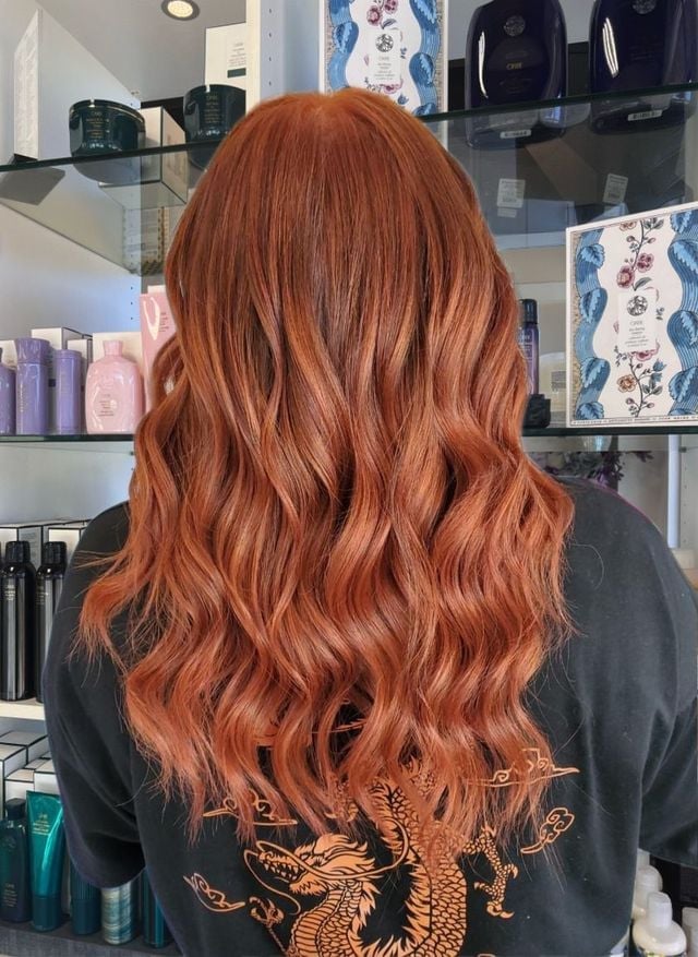 Back View Mid-Back Loose Waves Vibrant Cowboy Copper, Long Layers Back View Mid-Back Loose Waves Vibrant Cowboy Copper, Long Layers — Cowboy Copper Hair 2027